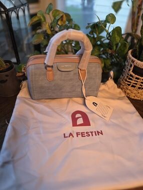 LA FESTIN mini Boston handbag featuring tan leather-style trim.
